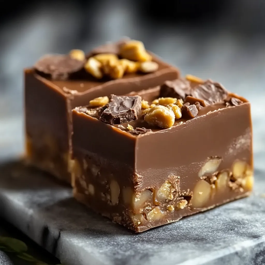 Un carré de chocolat avec garnitures au caramel et beurre de cacahuète.