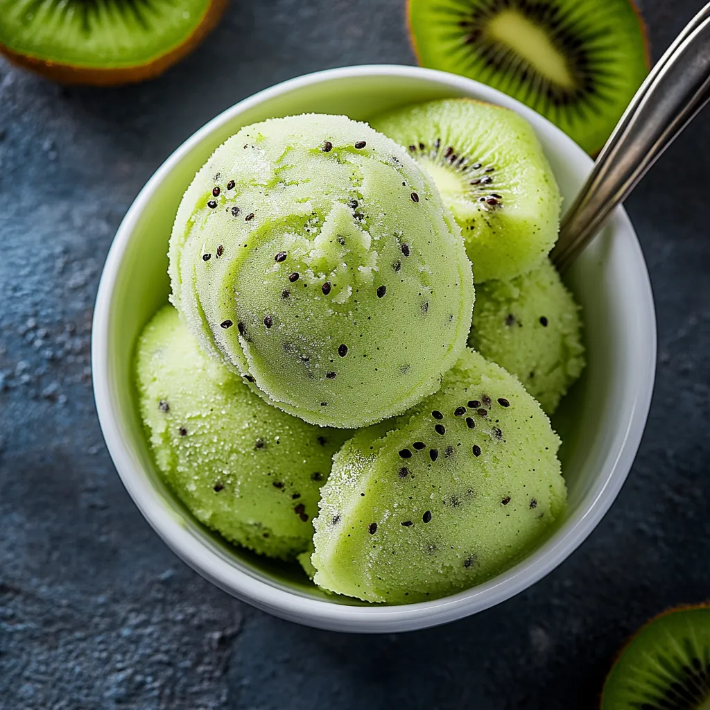 Une boule de glace verte avec des tranches de kiwi.