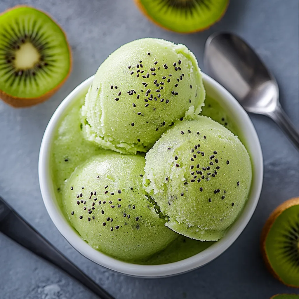 Une coupe de glace verte avec des tranches de kiwi.