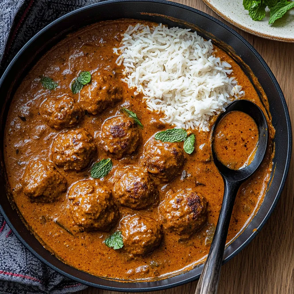 Bol avec riz et boulettes en sauce.