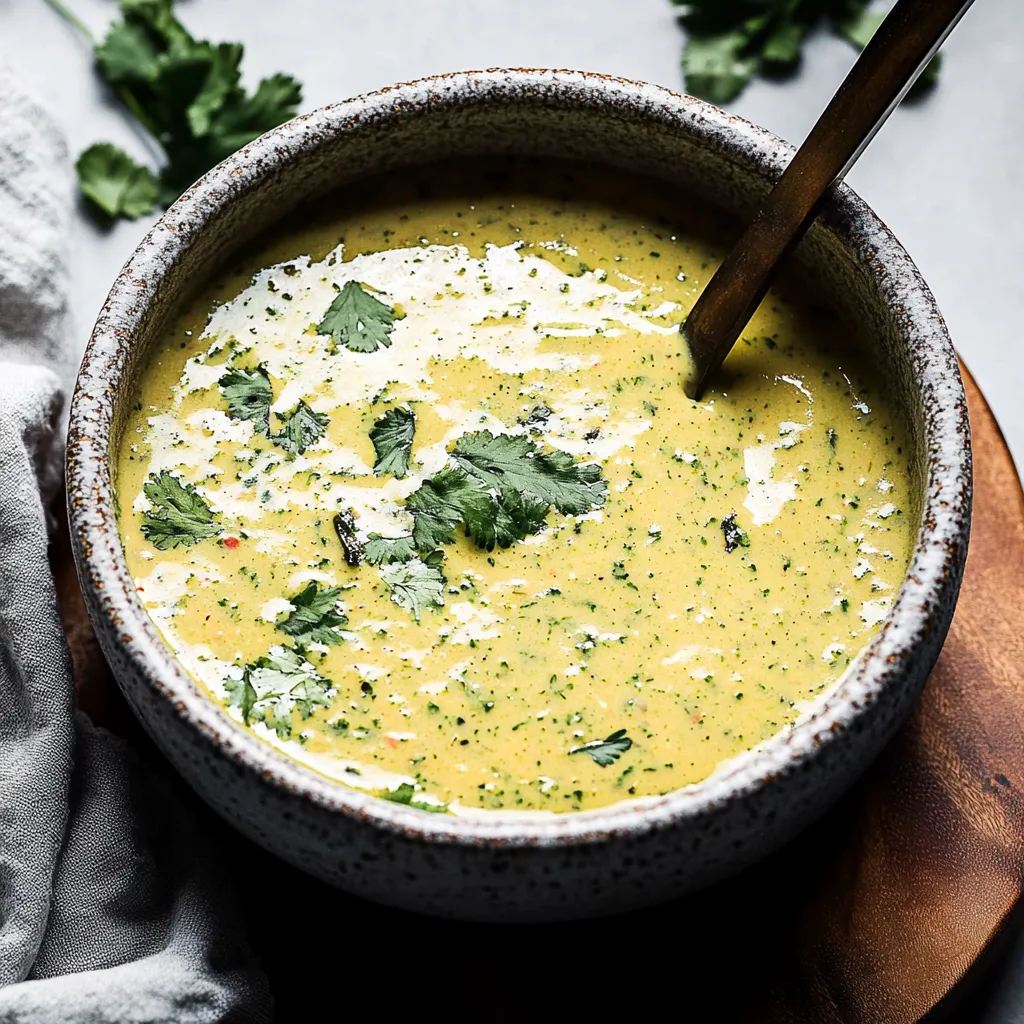 Un bol de soupe avec une cuillère dedans.