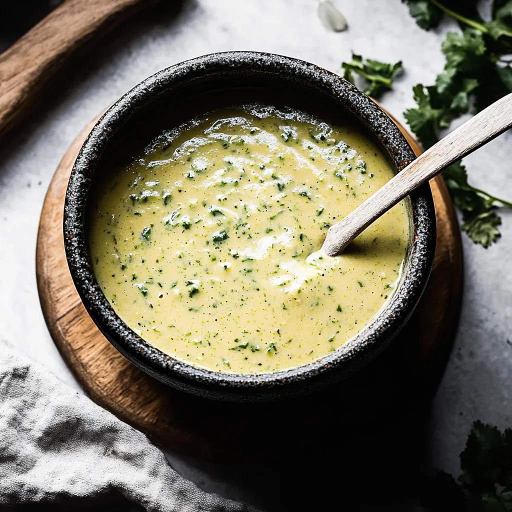Un bol de soupe avec une cuillère dedans.