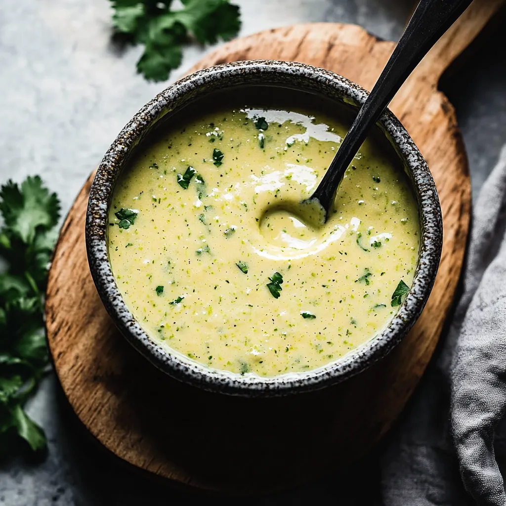 Un bol de soupe avec une cuillère dedans.