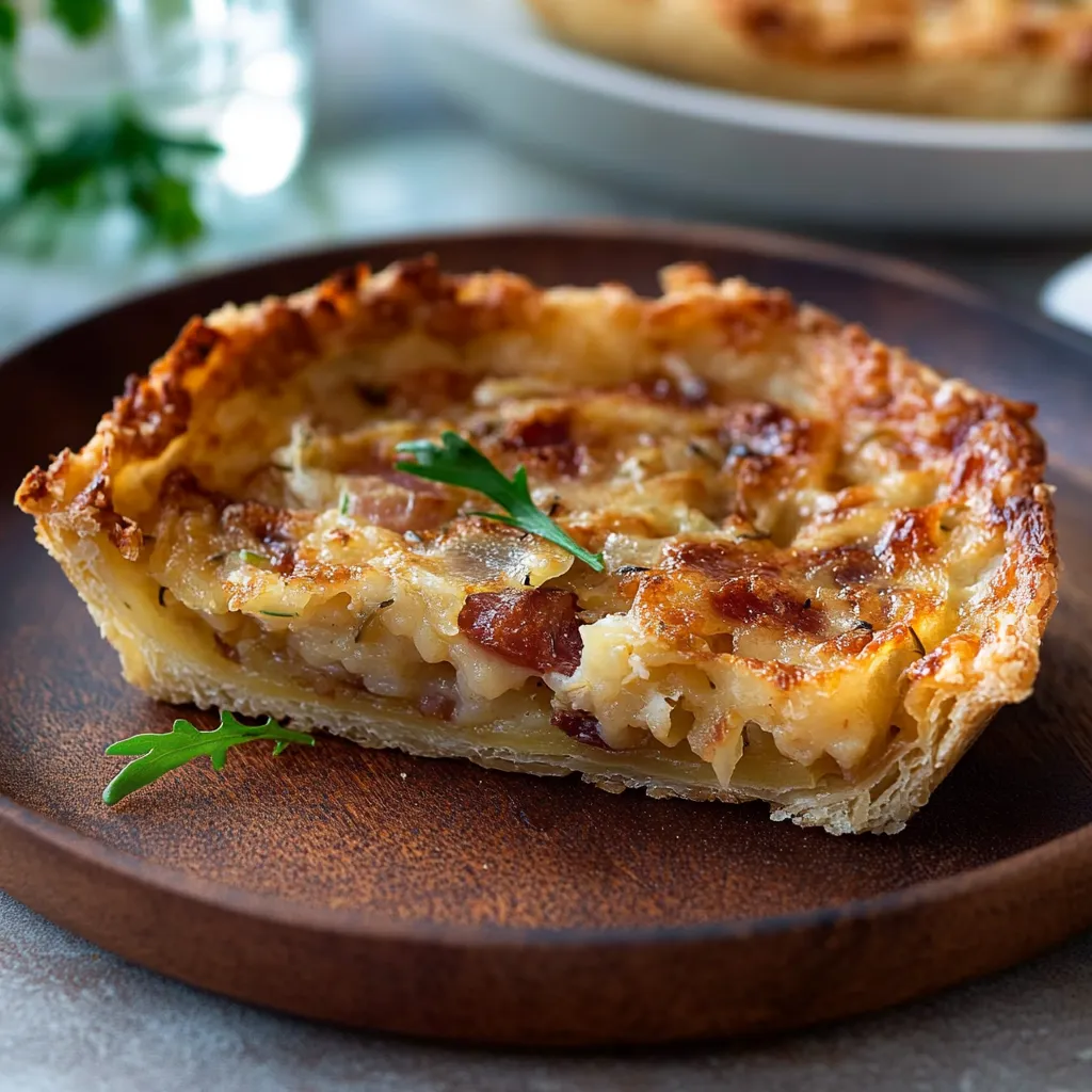 Une part de tarte poireaux-fromage-lardons.
