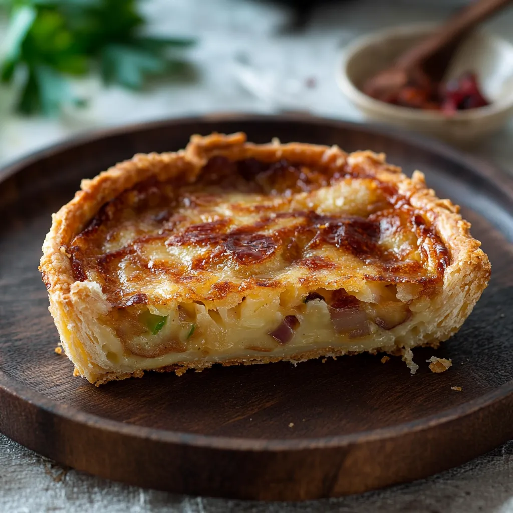 Une part de tarte sur une planche en bois.