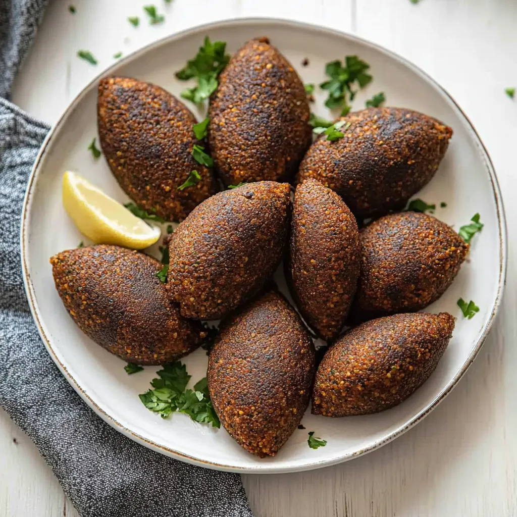 Assiette de kibbeh libanais posée avec un quartier de citron.