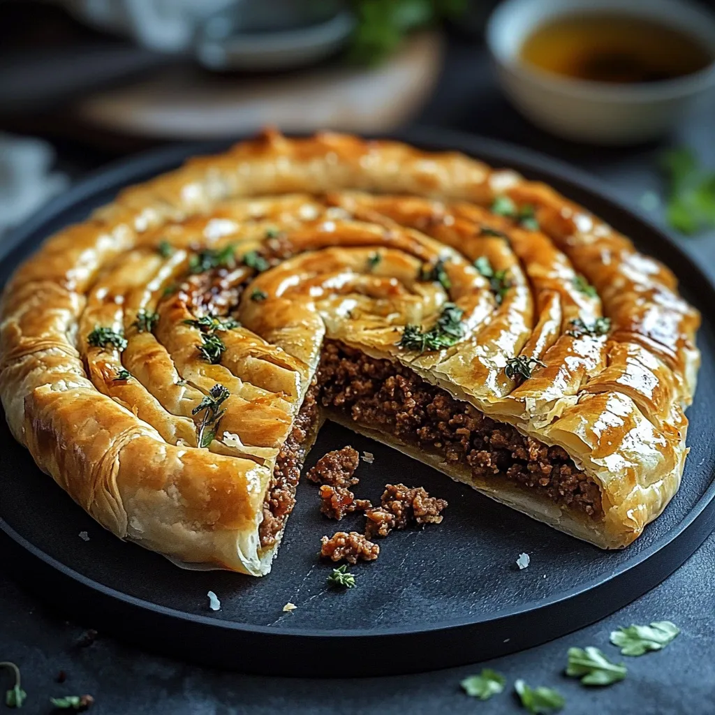 Une part de tourte à la viande sur une assiette.