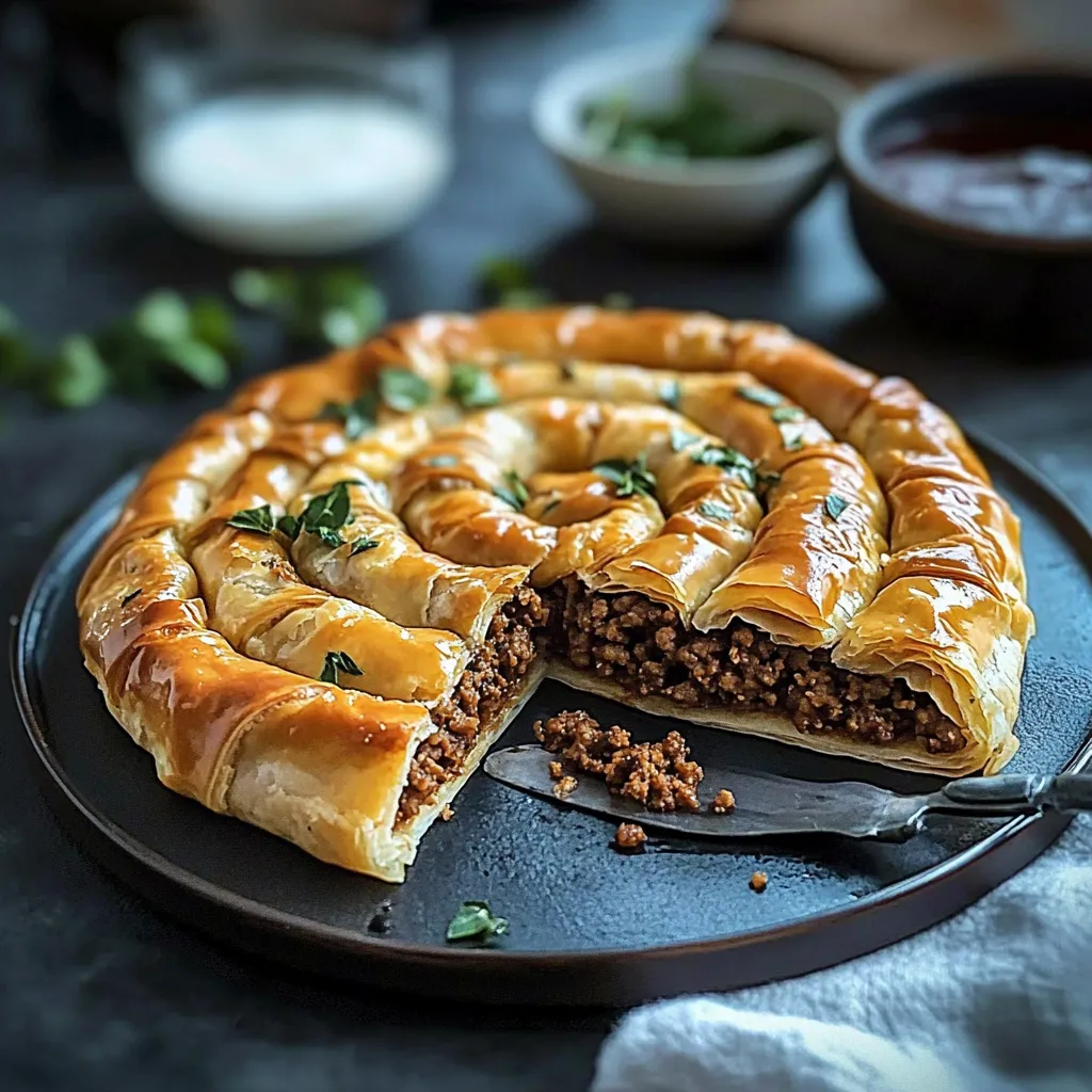 Une tranche de pâte feuilletée à la viande et fromage.