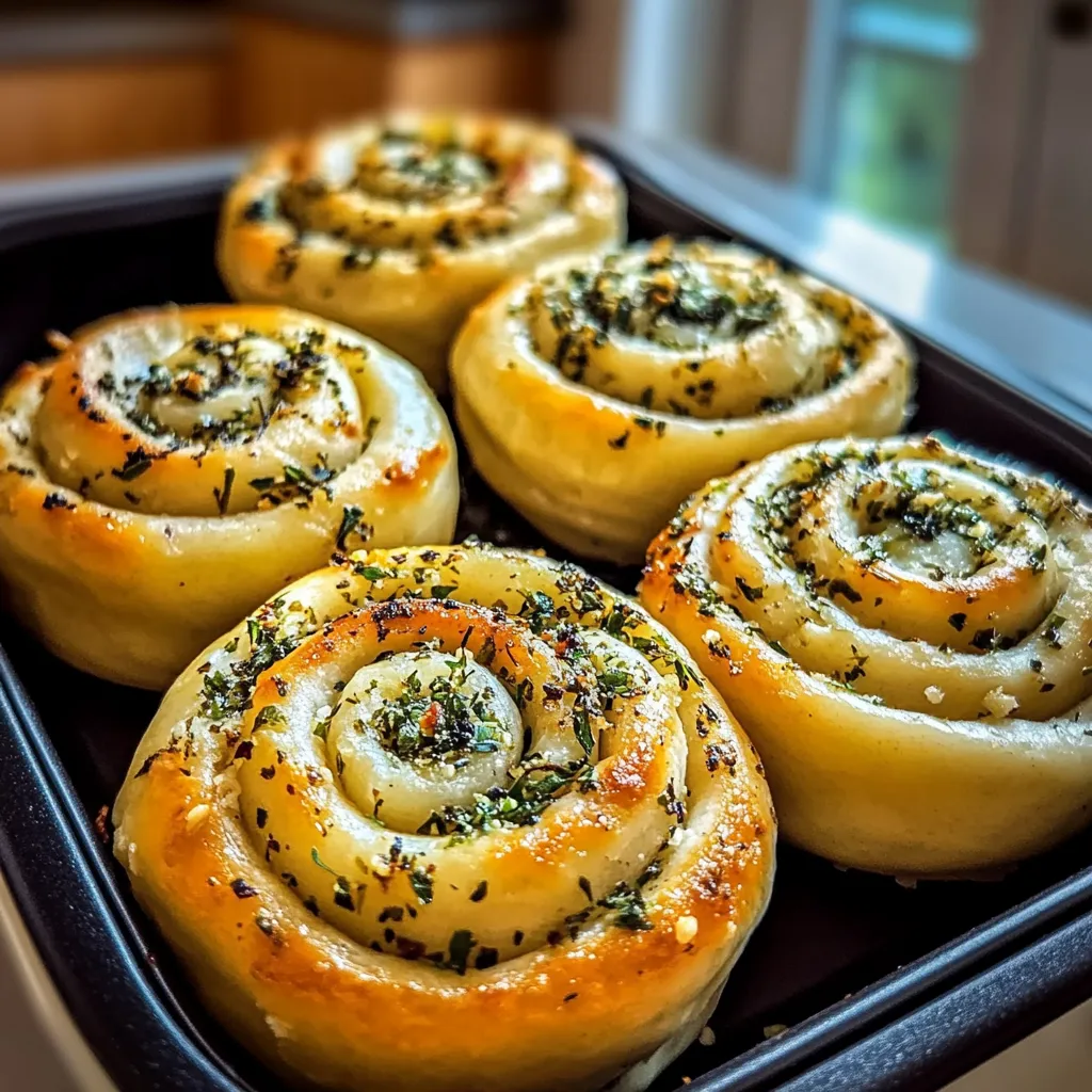 Plateau de pains tout dorés avec un dessus d’herbes vertes.