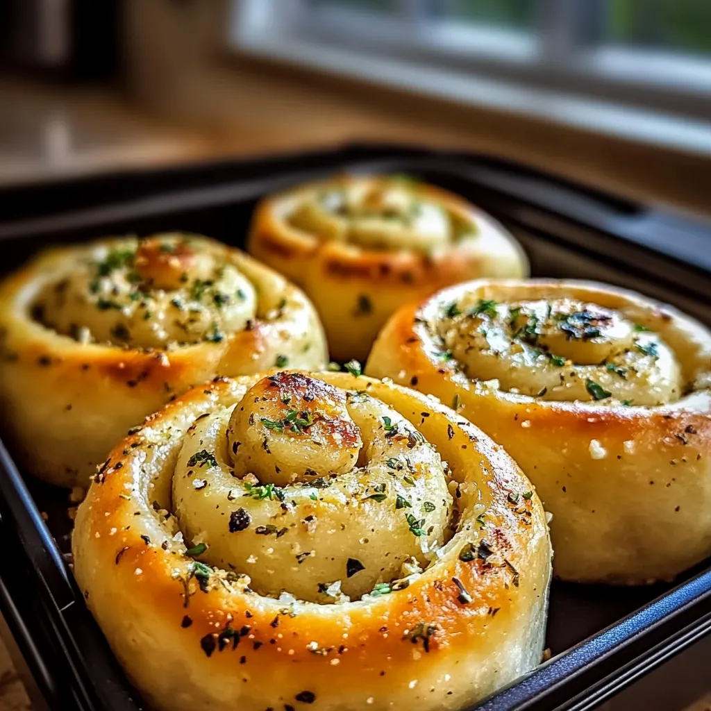 Quatre petits pains avec des herbes dessus sur une plaque.