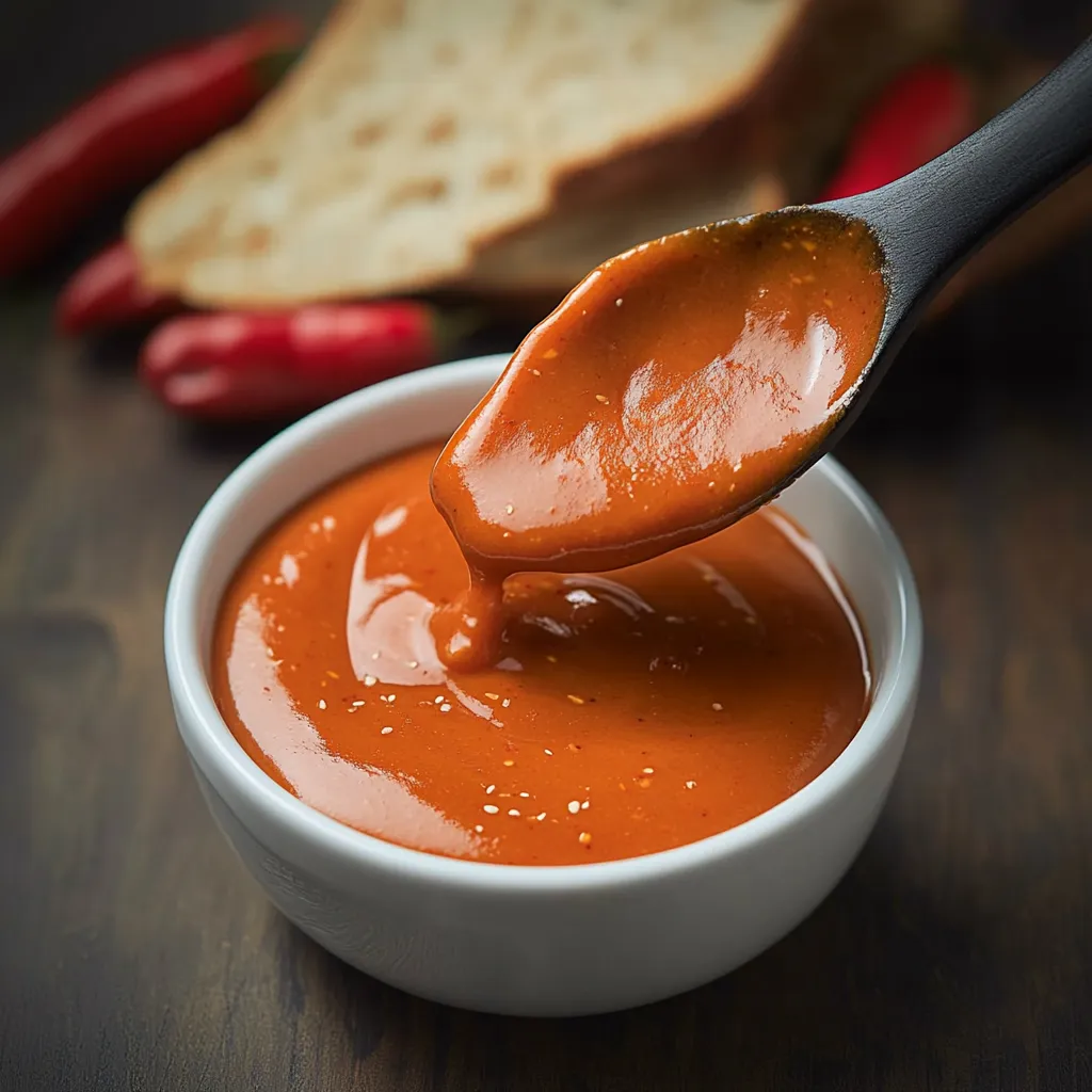 On prélève la sauce avec une cuillère dans un bol.
