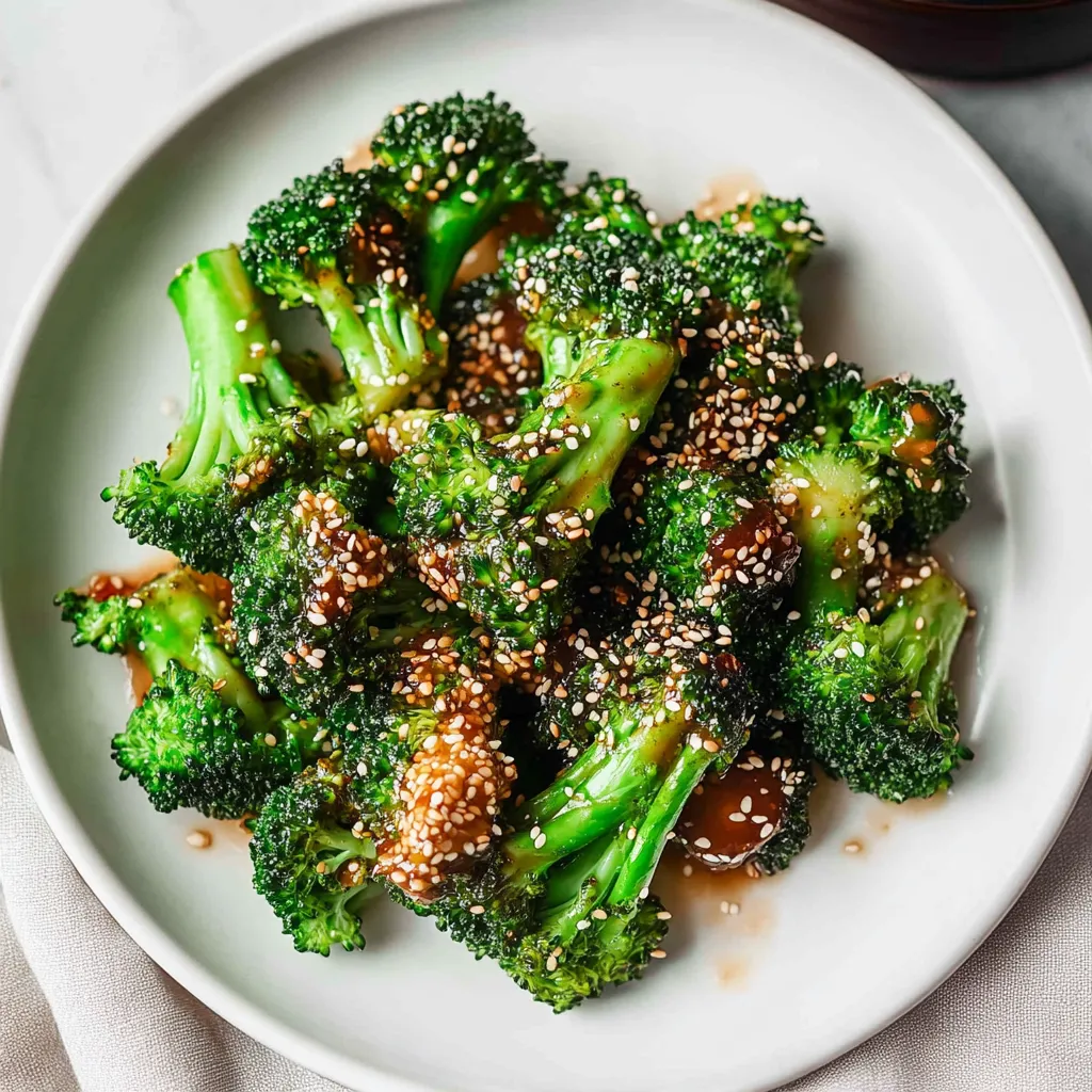 Une assiette de brocoli nappé de sauce.