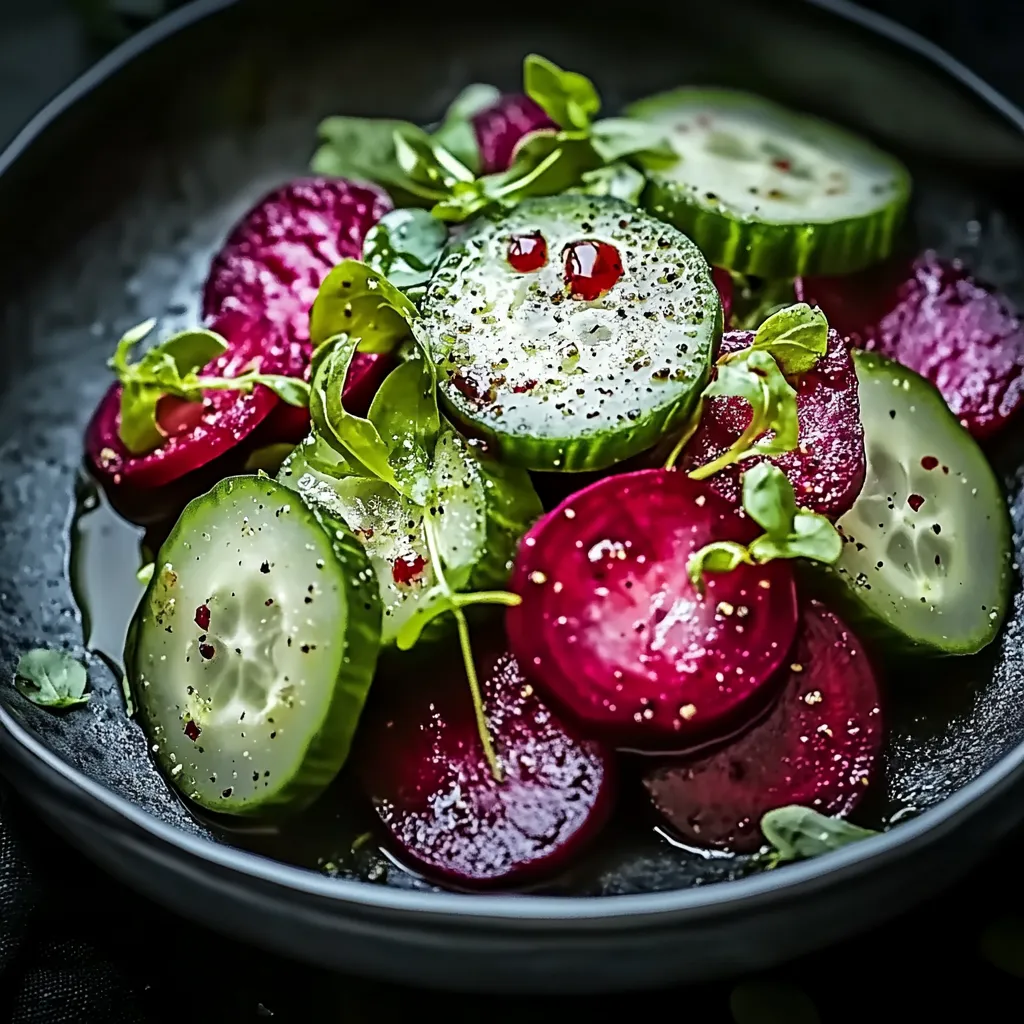 Bol de légumes colorés avec radis, concombres et betteraves.
