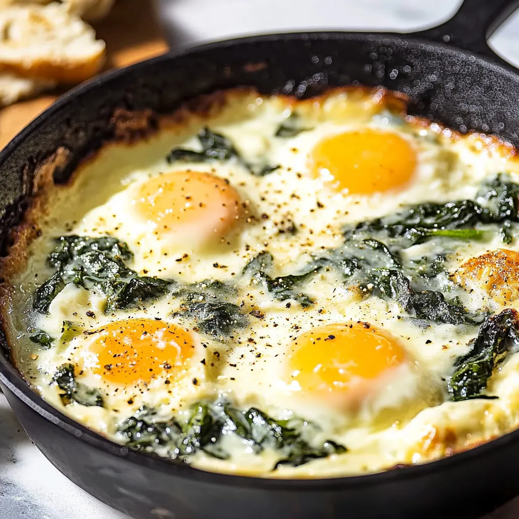 Un œuf sur le plat avec épinards et fromage.