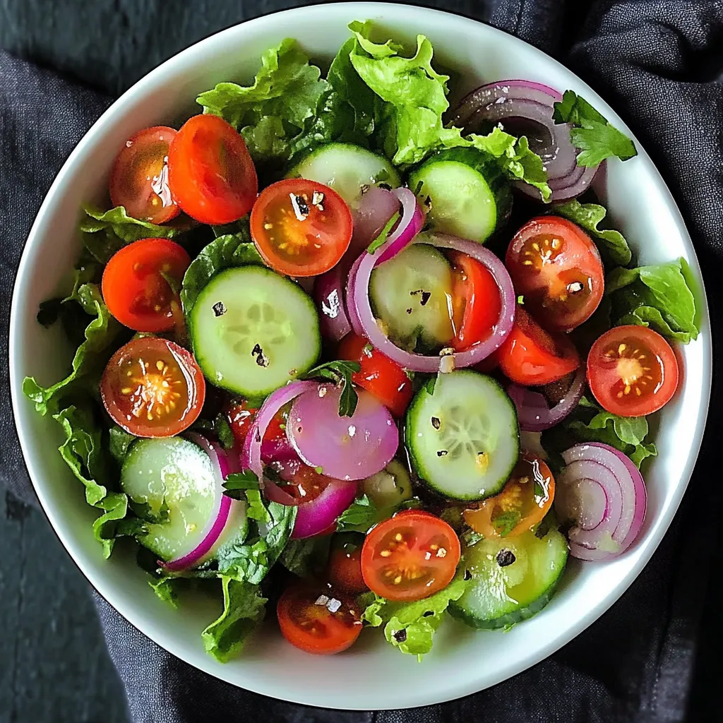 Un saladier blanc avec salade, tomates, concombre, oignon et verdures.