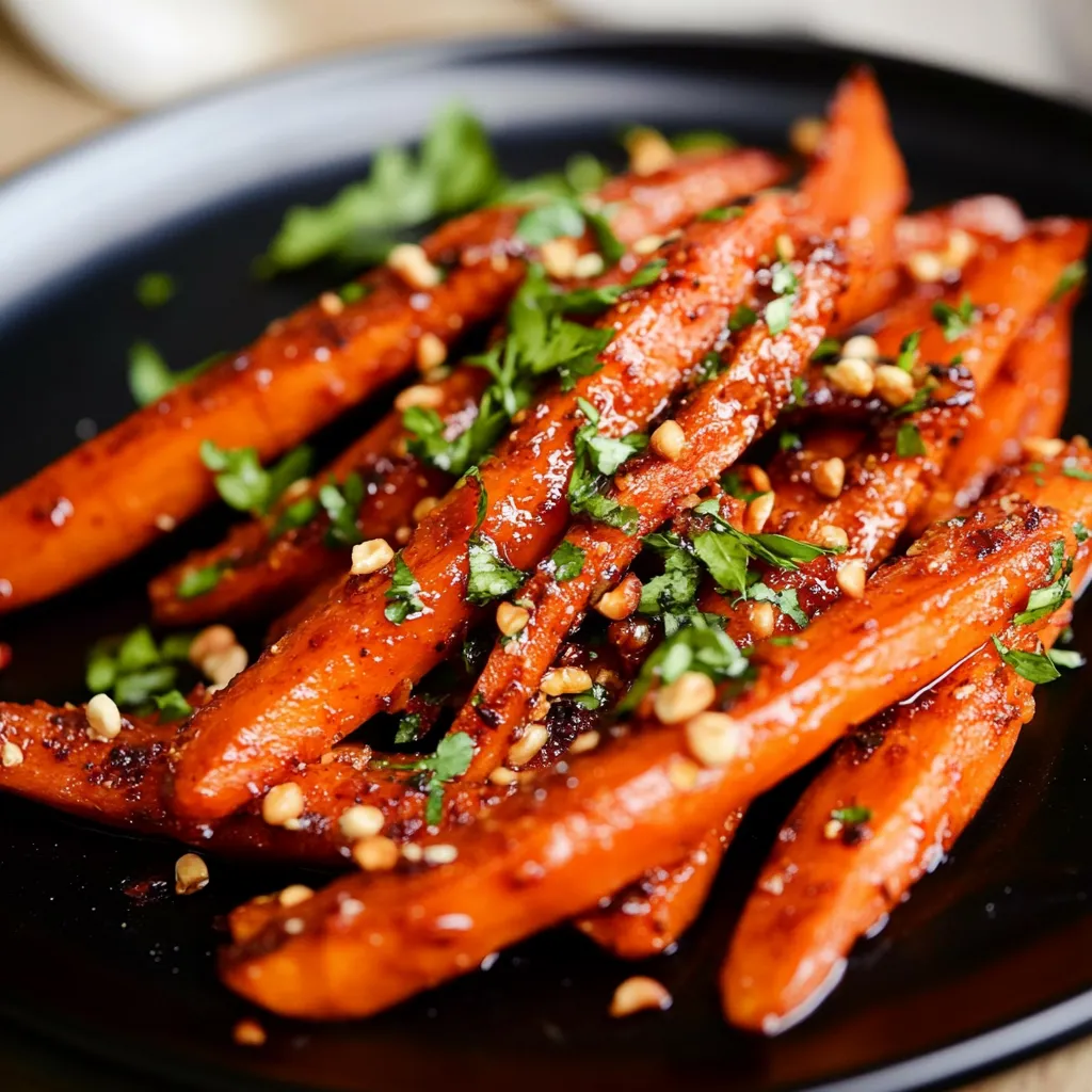 Une assiette de carottes nappées de sauce.