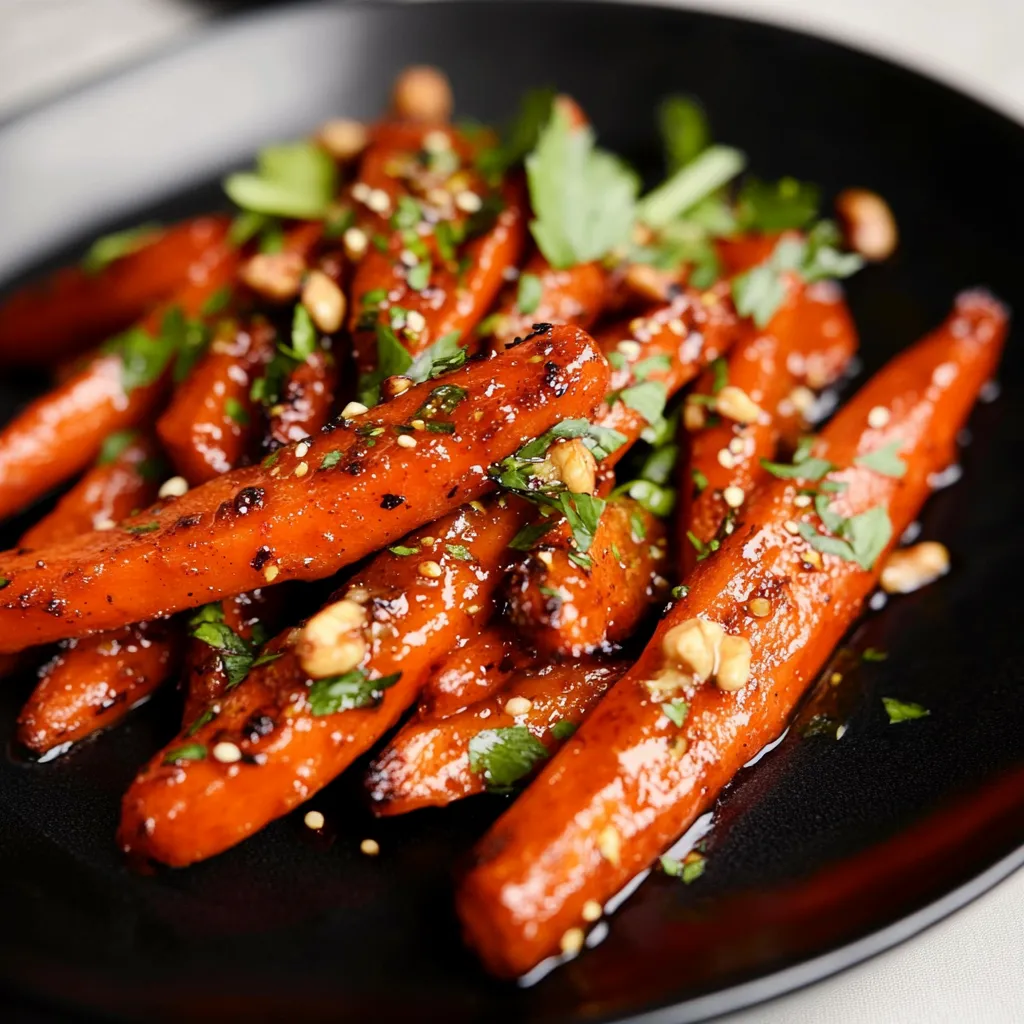 Une assiette de carottes nappées d'une sauce épicée.