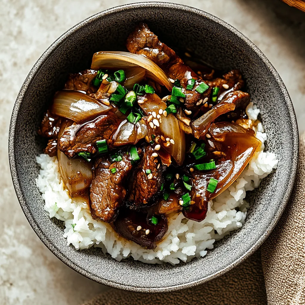 Un bol de bœuf sautés avec oignons.