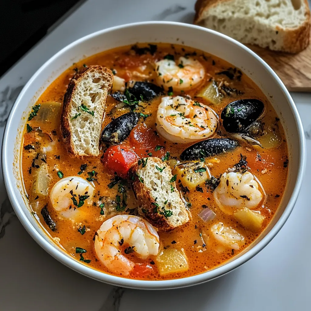 Un bol de soupe aux crevettes avec du pain.
