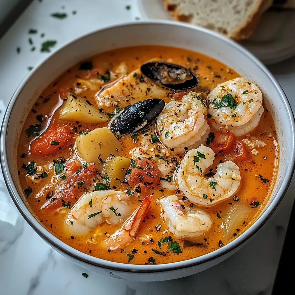 Un bol de soupe avec des crevettes et des légumes.