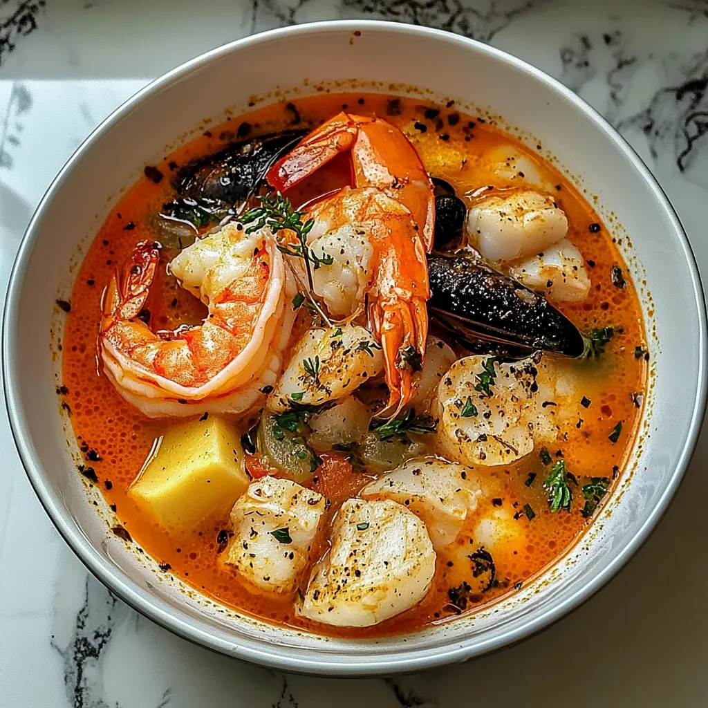 Un bol de soupe avec crevettes, Saint-Jacques et plein de légumes.