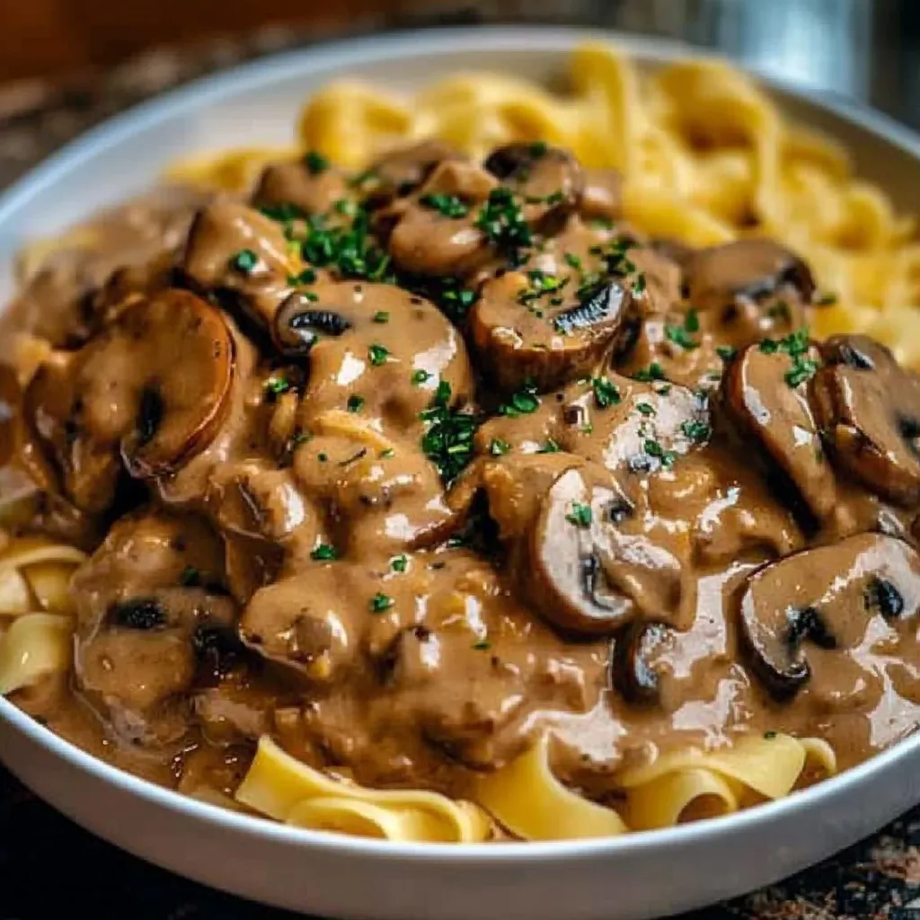 Un bol de pâtes aux champignons et fromage.