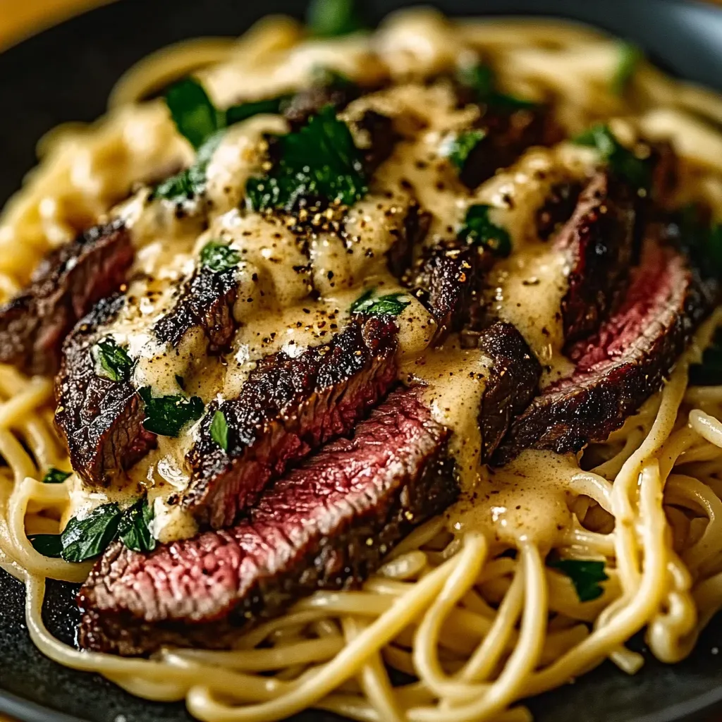 Une assiette de pâtes avec viande et nouilles.