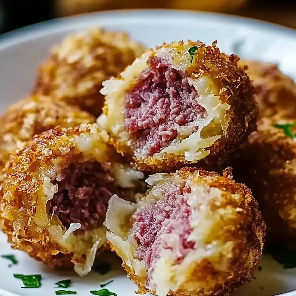 Une assiette de boulettes avec une herbe verte dessus.