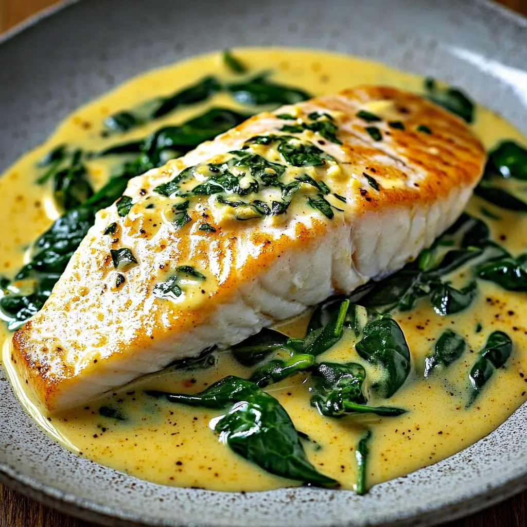 Un morceau de poisson nappé de sauce.