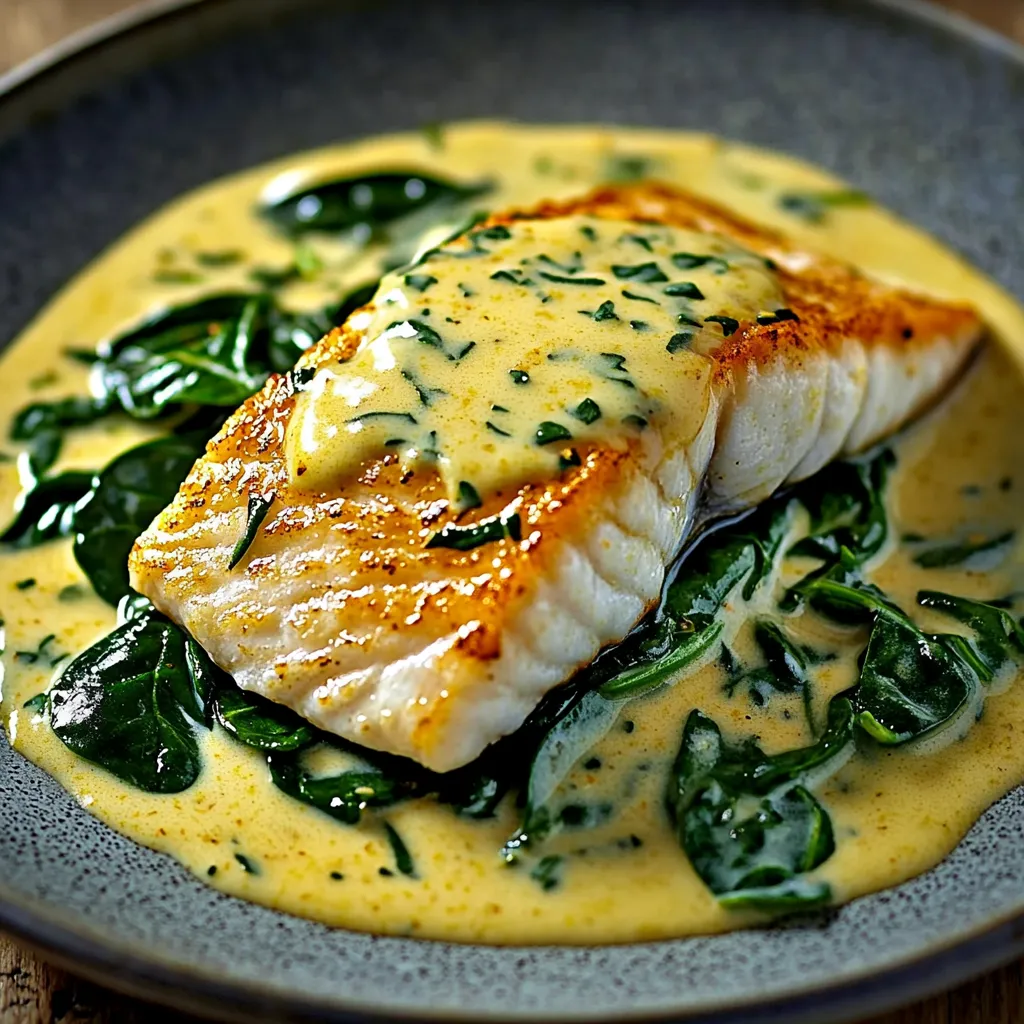 Une assiette de poisson nappée de sauce.