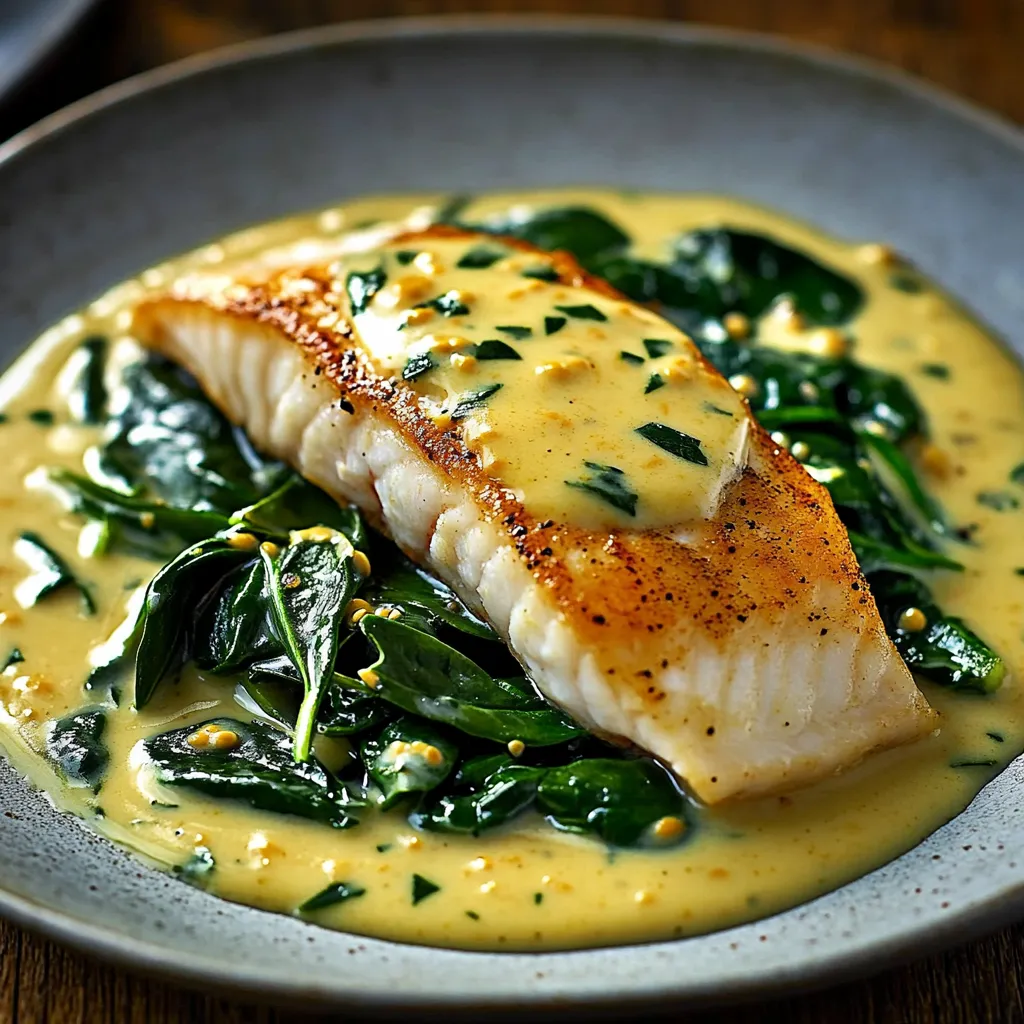 Une assiette de poisson, sauce moutarde et légumes verts.