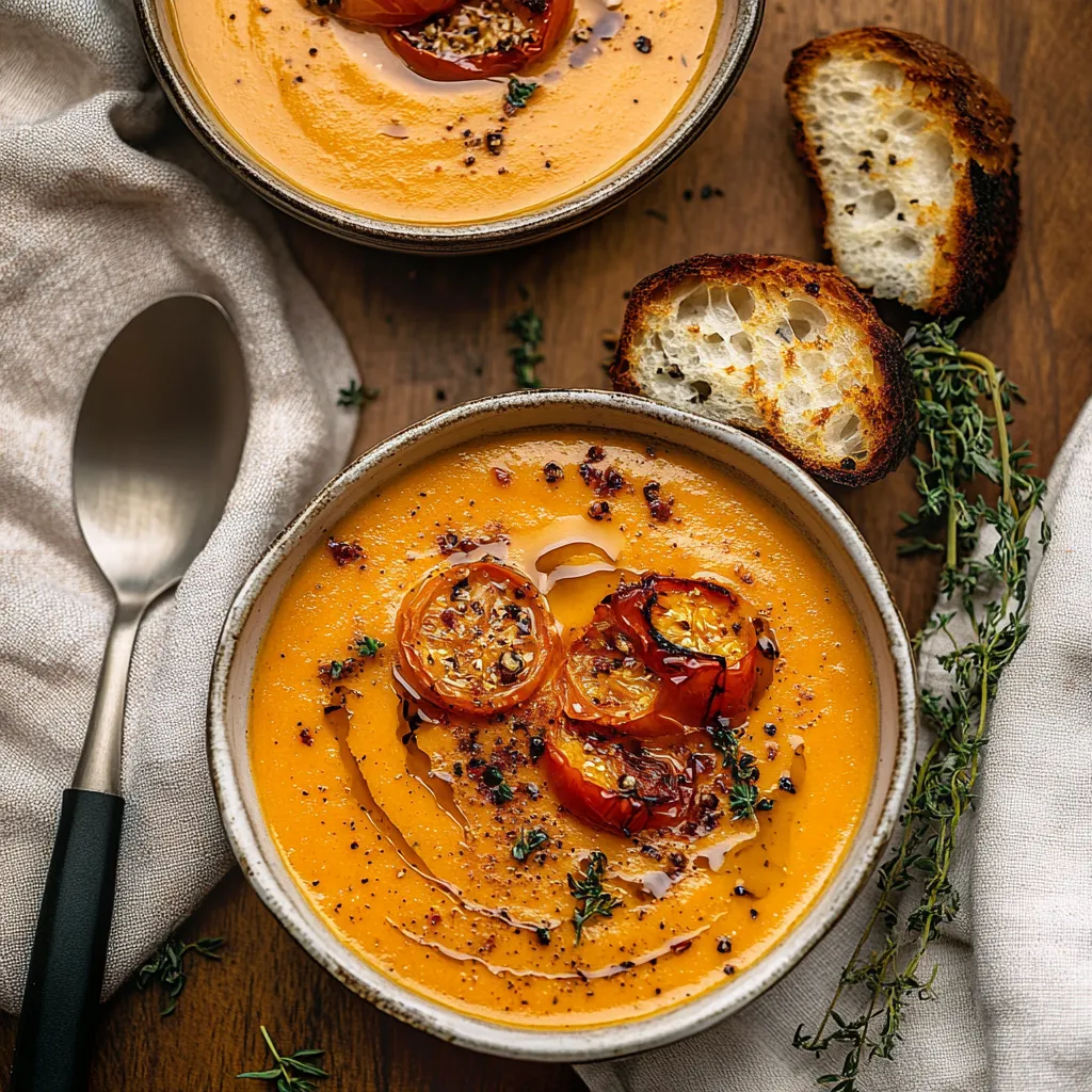Un bol de soupe avec des tomates et du pain.