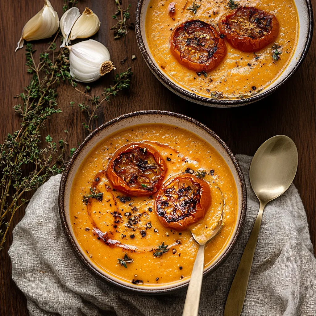 Deux bols de soupe aux tomates et oignons.