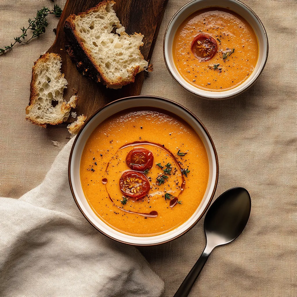 Un bol de soupe tomate et une cuillère.