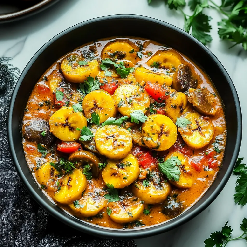 Un bol de soupe avec plantains et autres légumes.