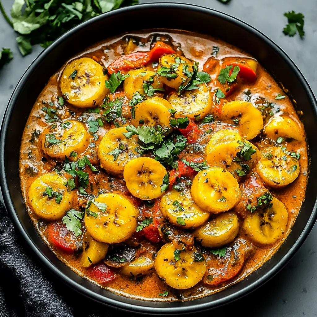 Un bol de soupe avec plantains et autres légumes.