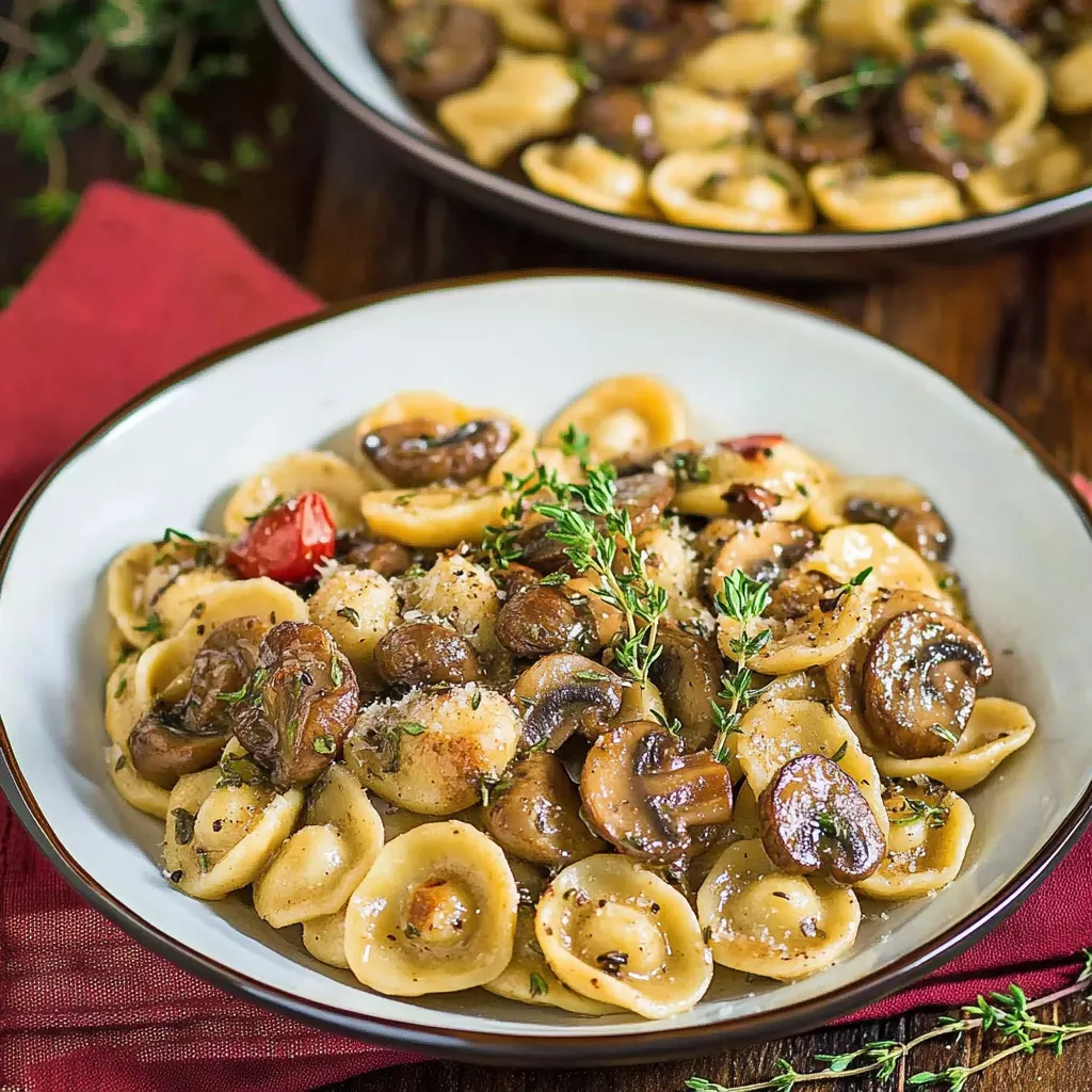 Une assiette de pâtes nappées aux champignons et herbes.