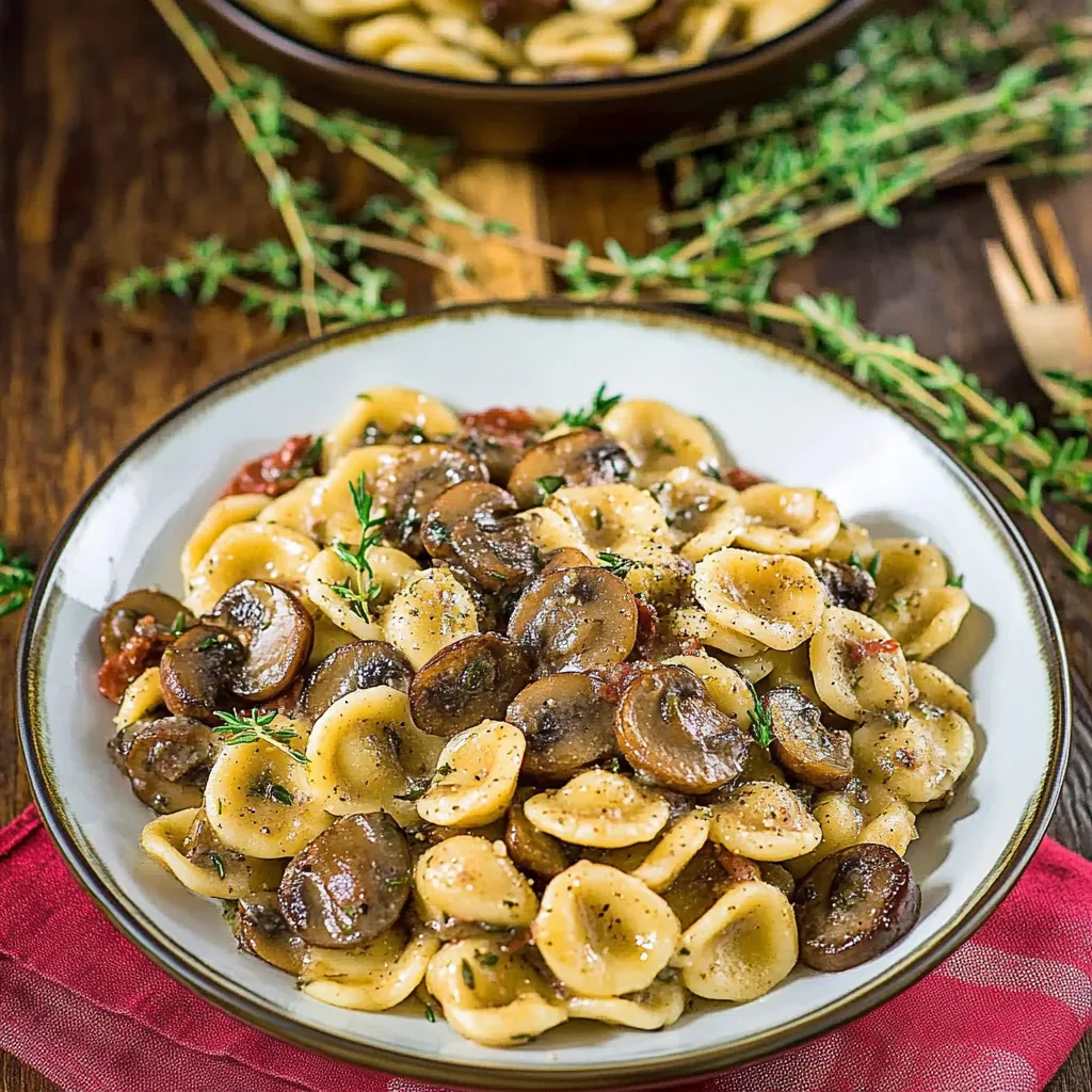 Un bol de pâtes nappées aux champignons et herbes.