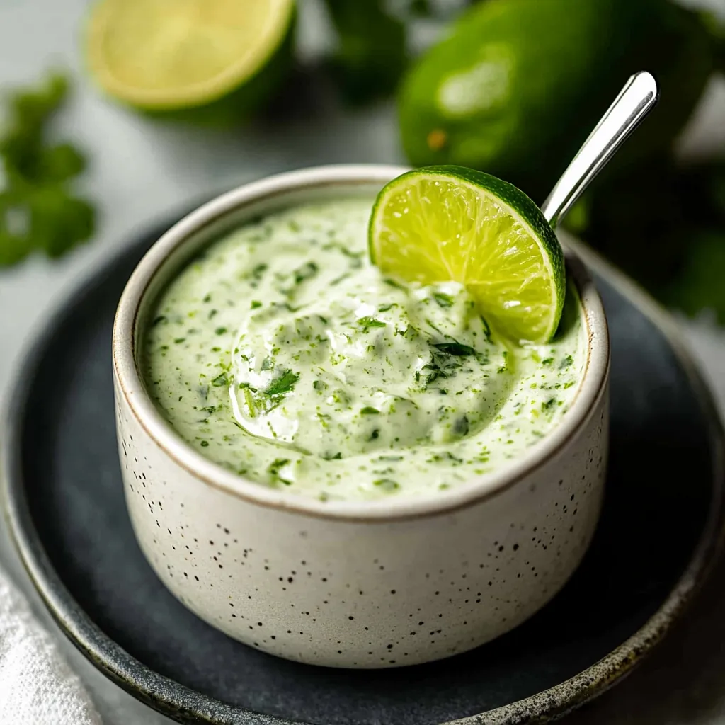 Un bol de sauce verte avec un quartier de citron vert dessus.