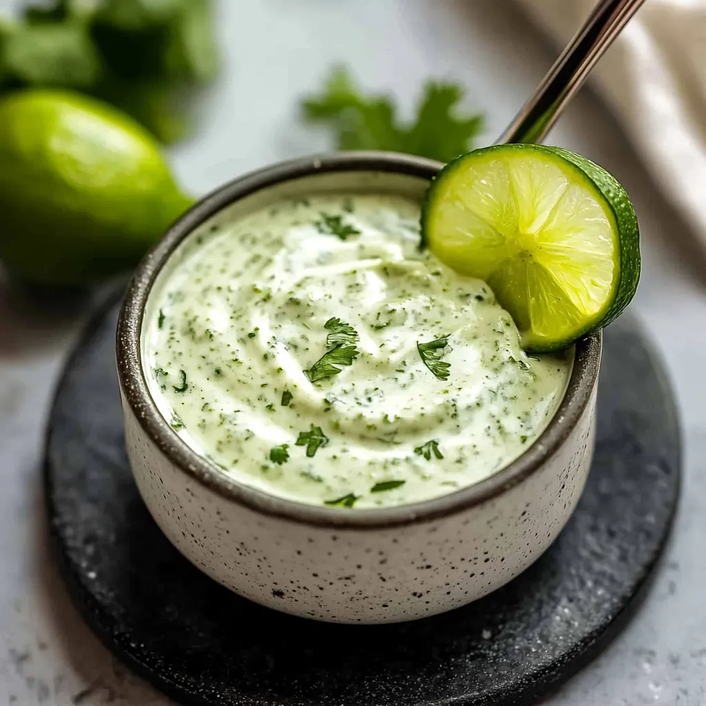 Un bol de sauce avec un quartier de citron vert posé dessus.
