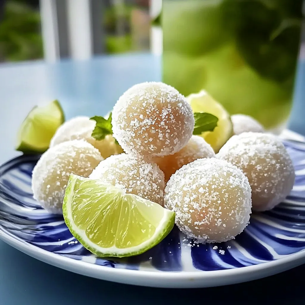 Une assiette de boules recouvertes de sucre glace avec des quartiers de citron vert à côté.