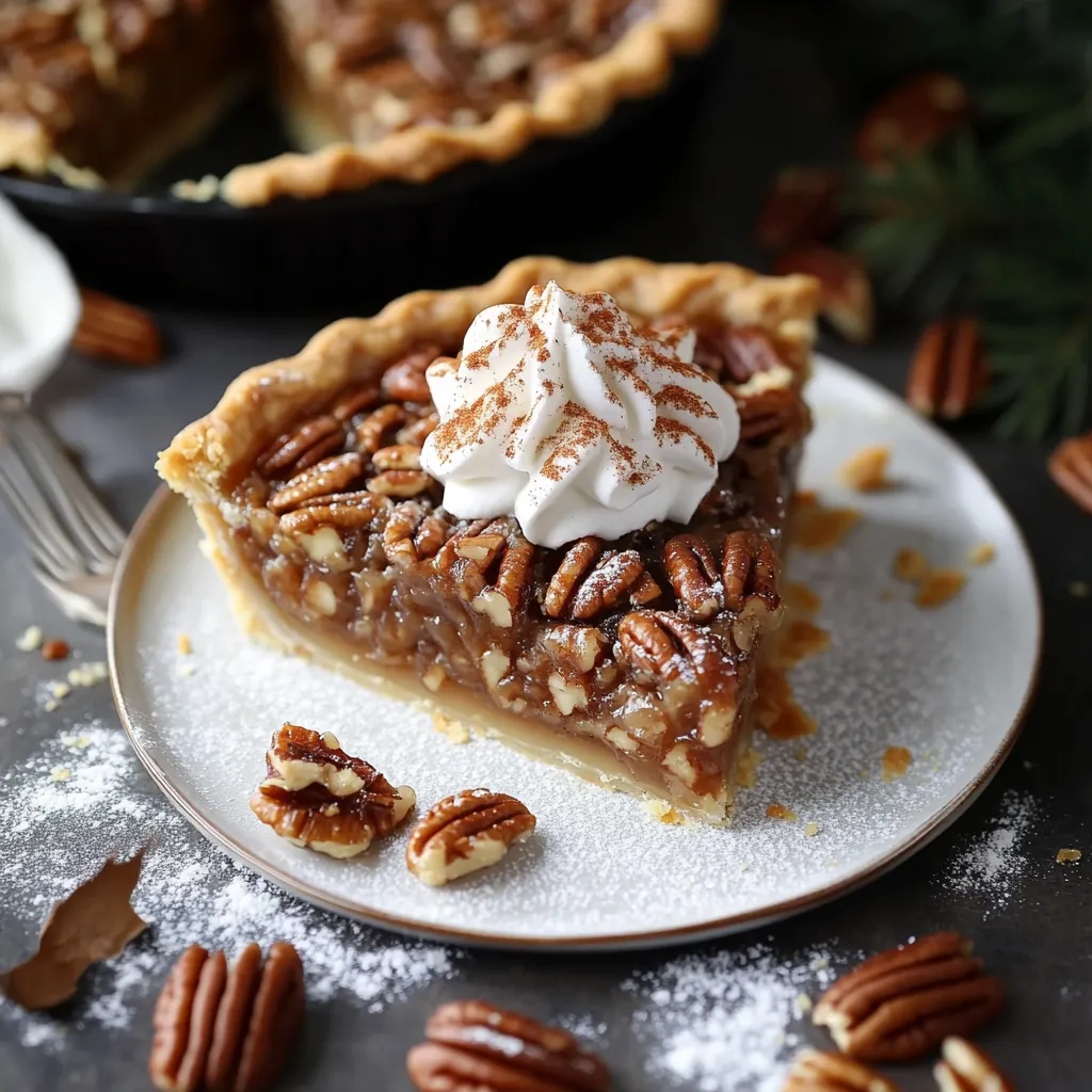 Une part de tarte garnie de crème fouettée et de noix de pécan.
