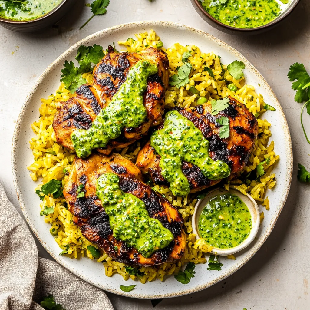 Une assiette de riz, poulet et sauce.