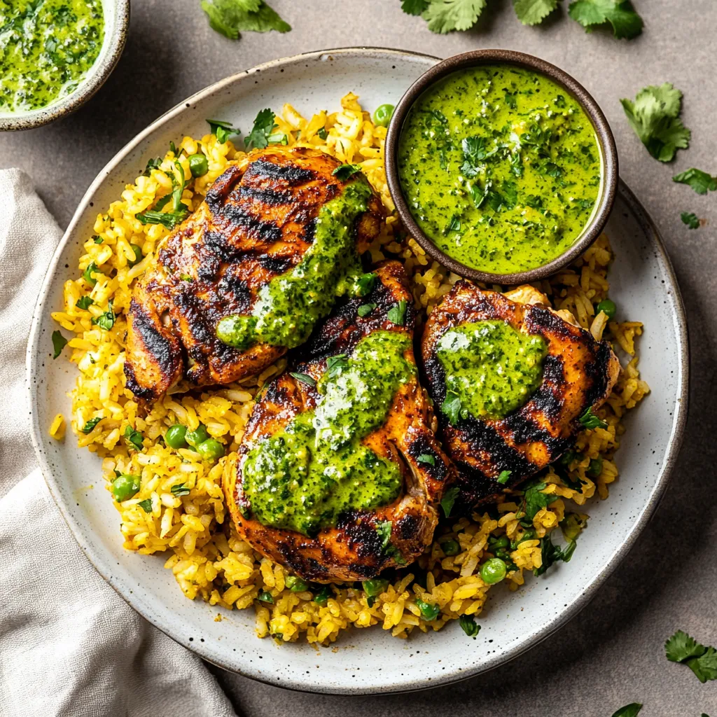 Assiette de riz et viande nappée de sauce verte.