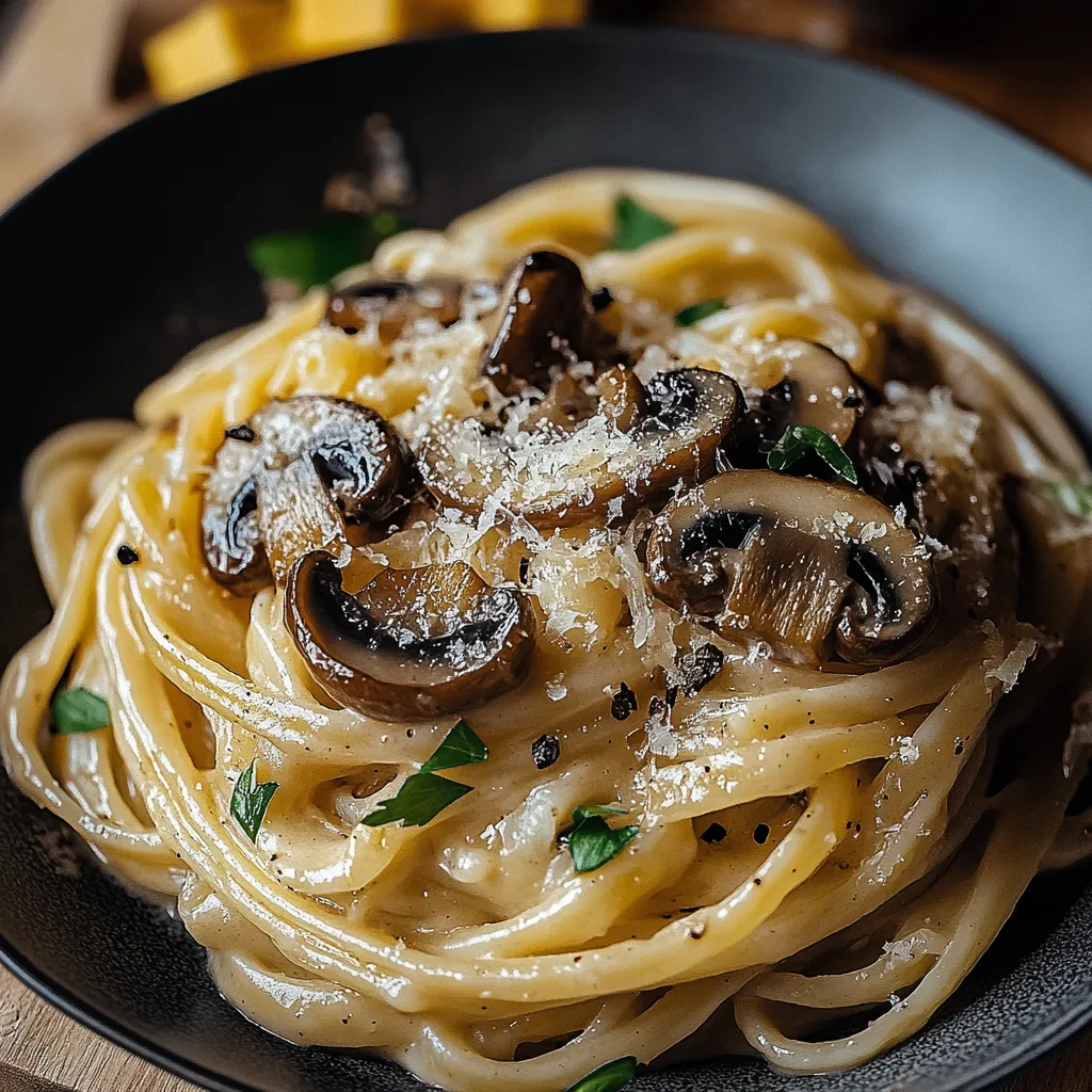 Un bol de pâtes crémeuses aux champignons et fromage.