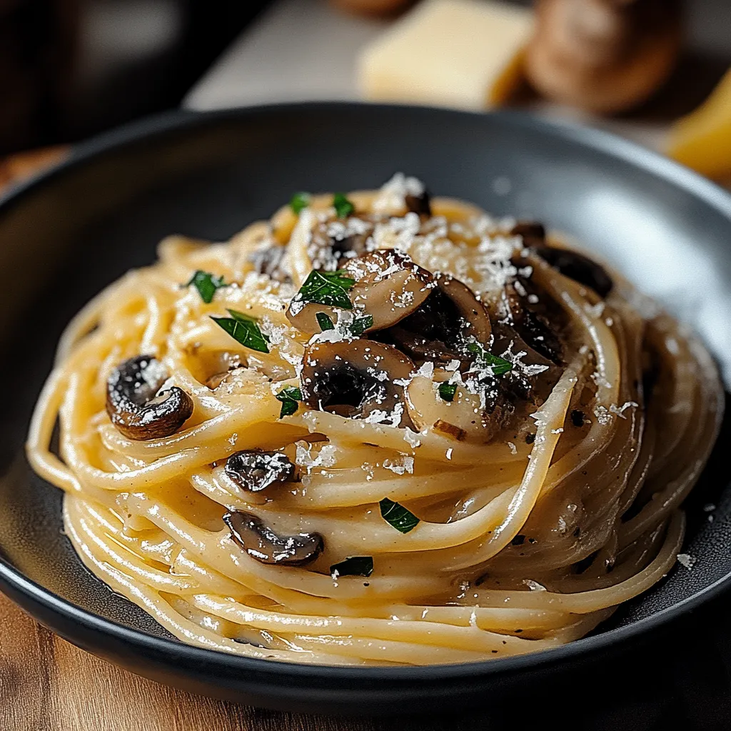 Un bol de pâtes crémeuses aux champignons et fromage.