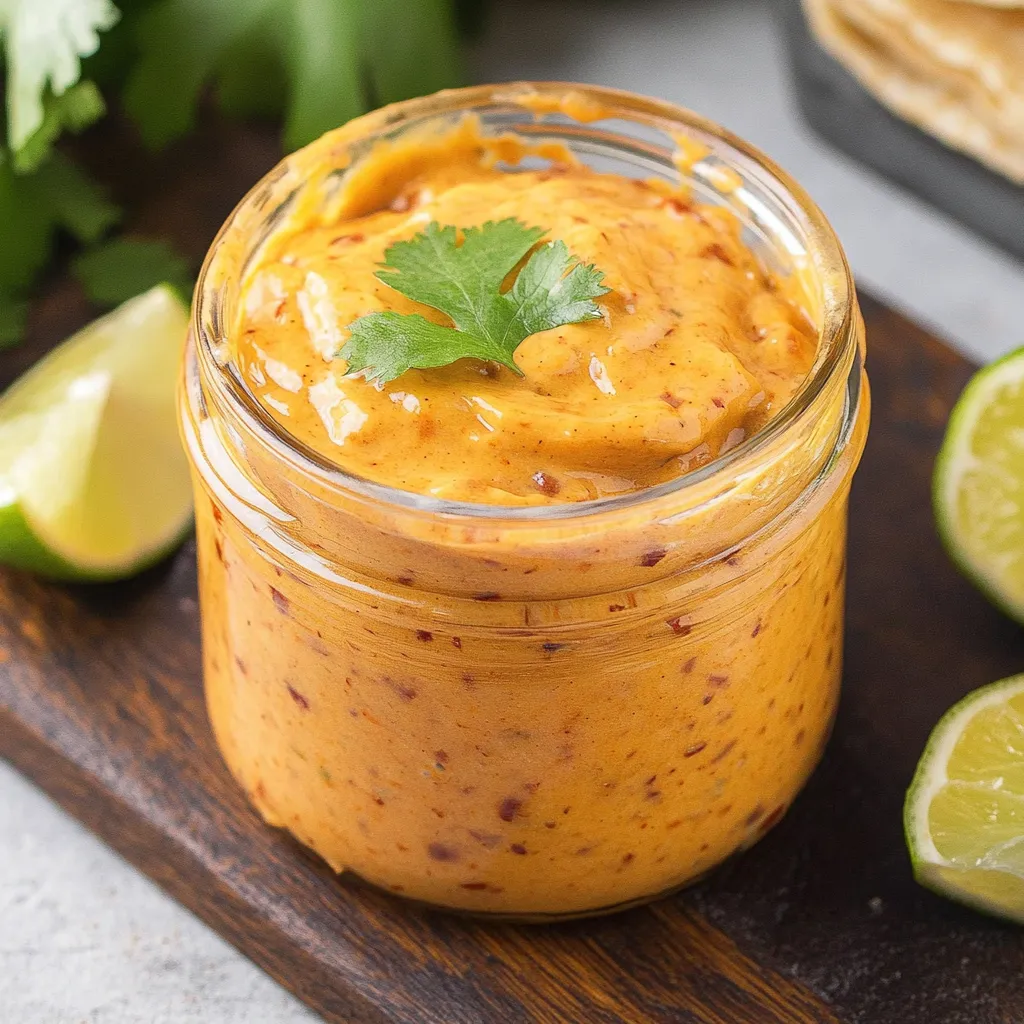 Un pot de sauce orange avec une touche de vert dessus.