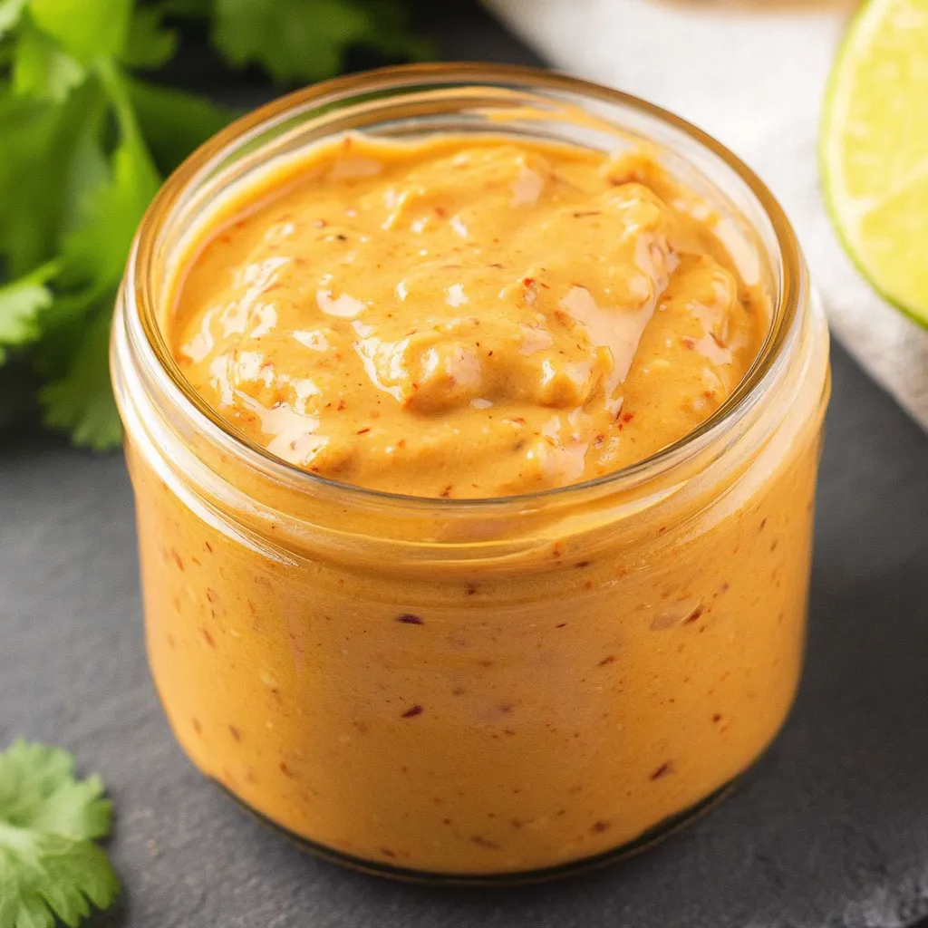Un pot de sauce orange avec un quartier de citron vert à côté.
