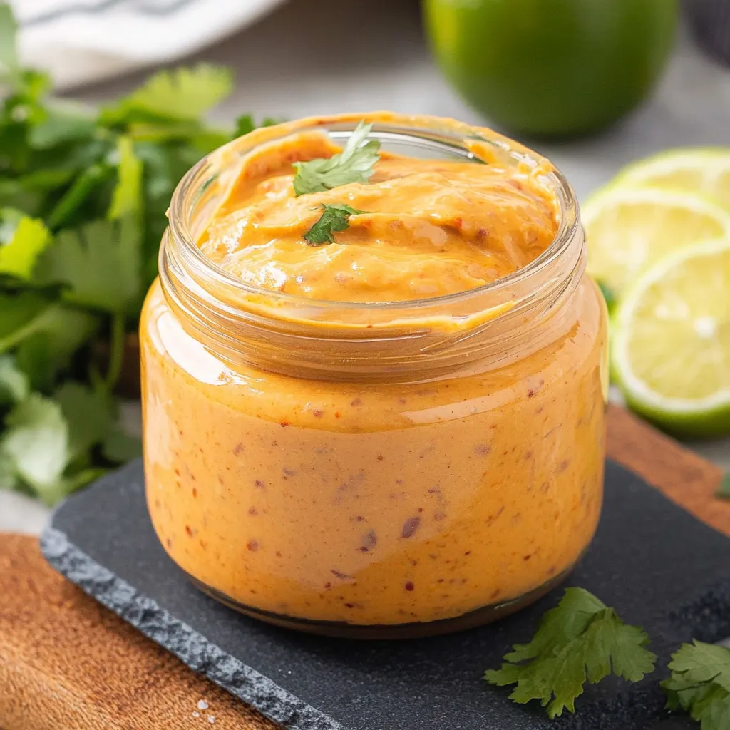 Un pot de sauce orange avec un citron vert à côté.