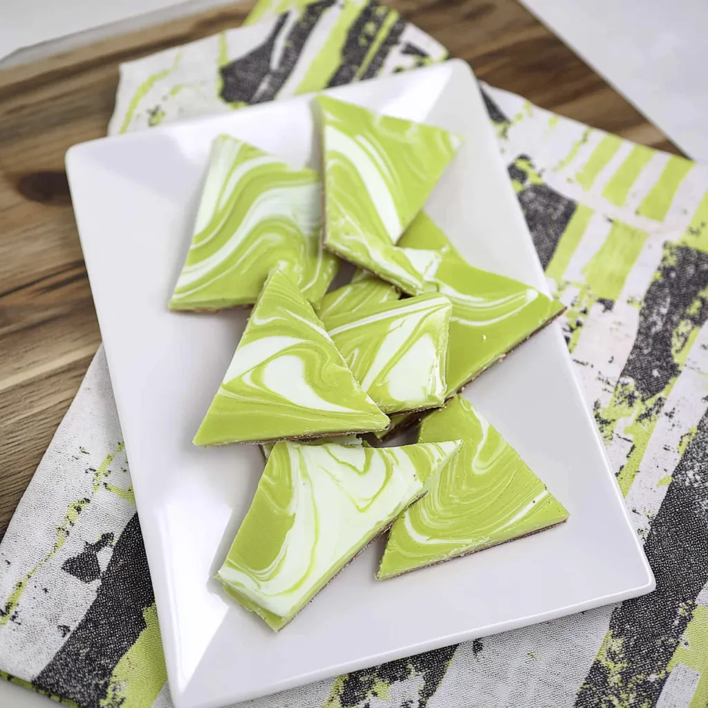Une assiette blanche garnie de morceaux chocolatés verts et blancs.